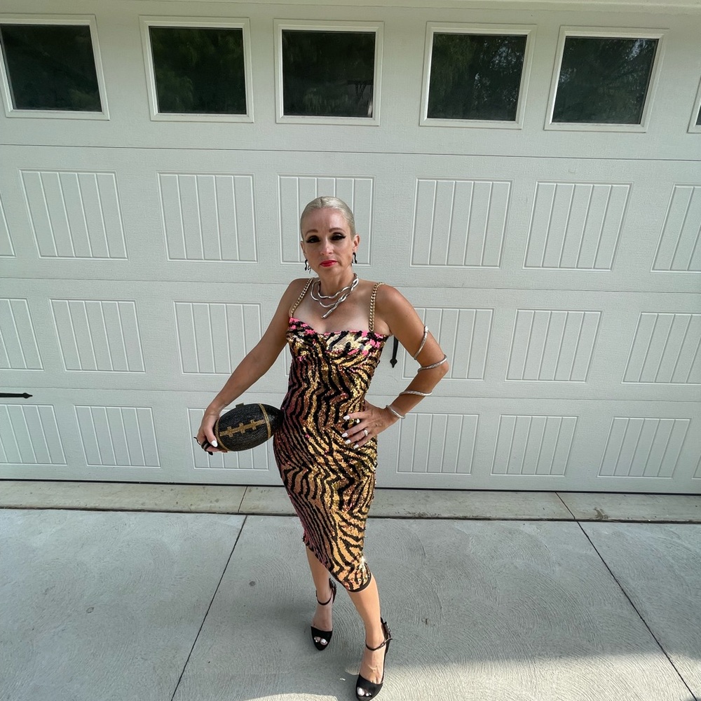 NADINE MERABI Gold and Black Sequin Zebra Midi Dress - Picture 5 of 7